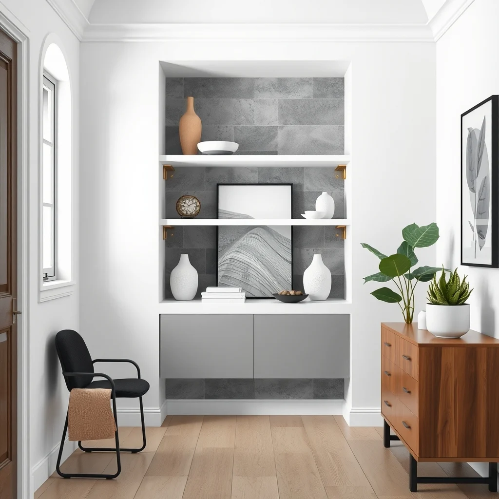 Contemporary hallway niche white floating shelves inside recessed alcove gray stone backdrop matte gold brackets a pair of sleek black