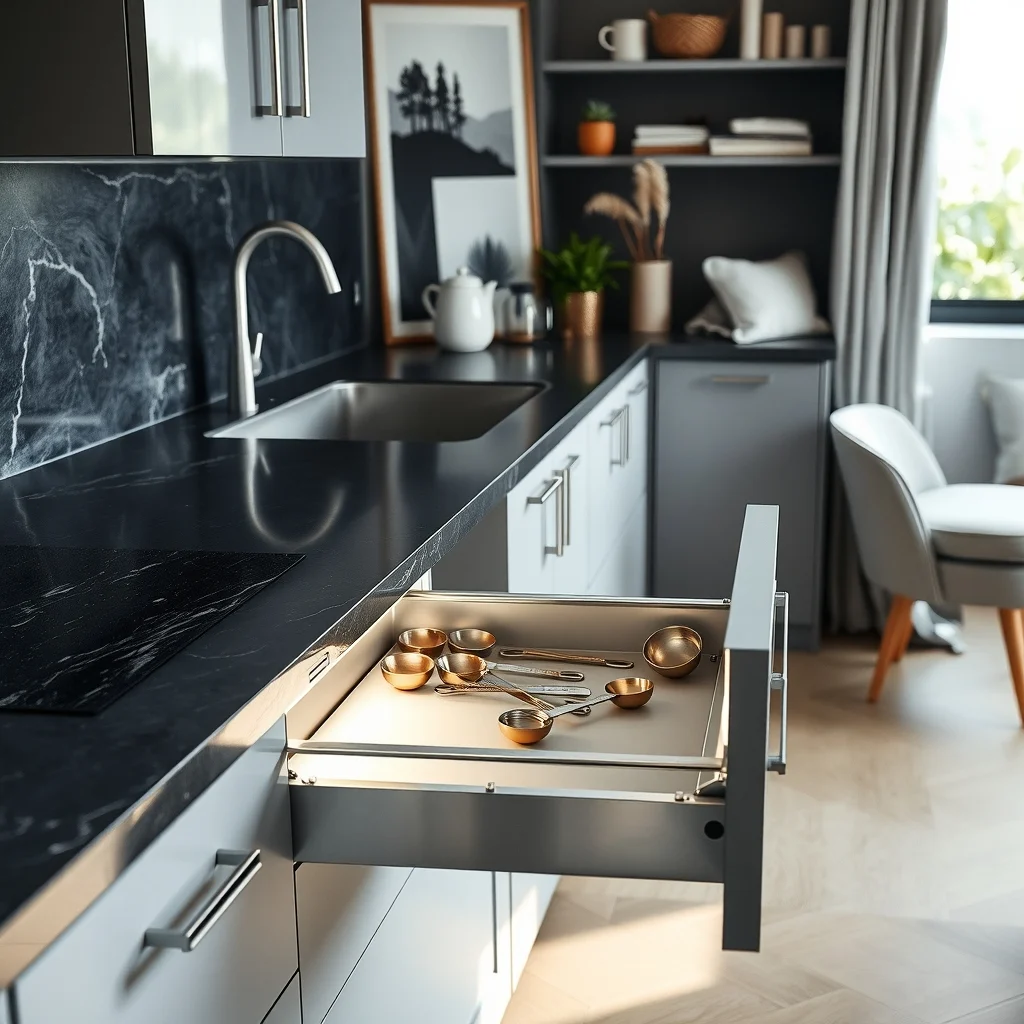 Contemporary kitchen with charcoal quartz countertop sleek gray cabinets hidden slim pull out shelf of powder coated aluminum inside shallow cabinet soft LED strip illumination reveals neatly arranged copper measuring spoons close up perspective