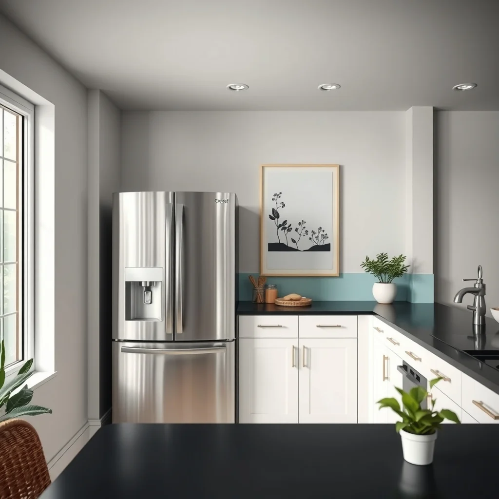 Contemporary kitchen with stainless steel refrigerator side mounted magnetic spice rack holding resealable herb packets sleek black countertops cool teal backsplash crisp LED ceiling lights emphasizing the metallic texture