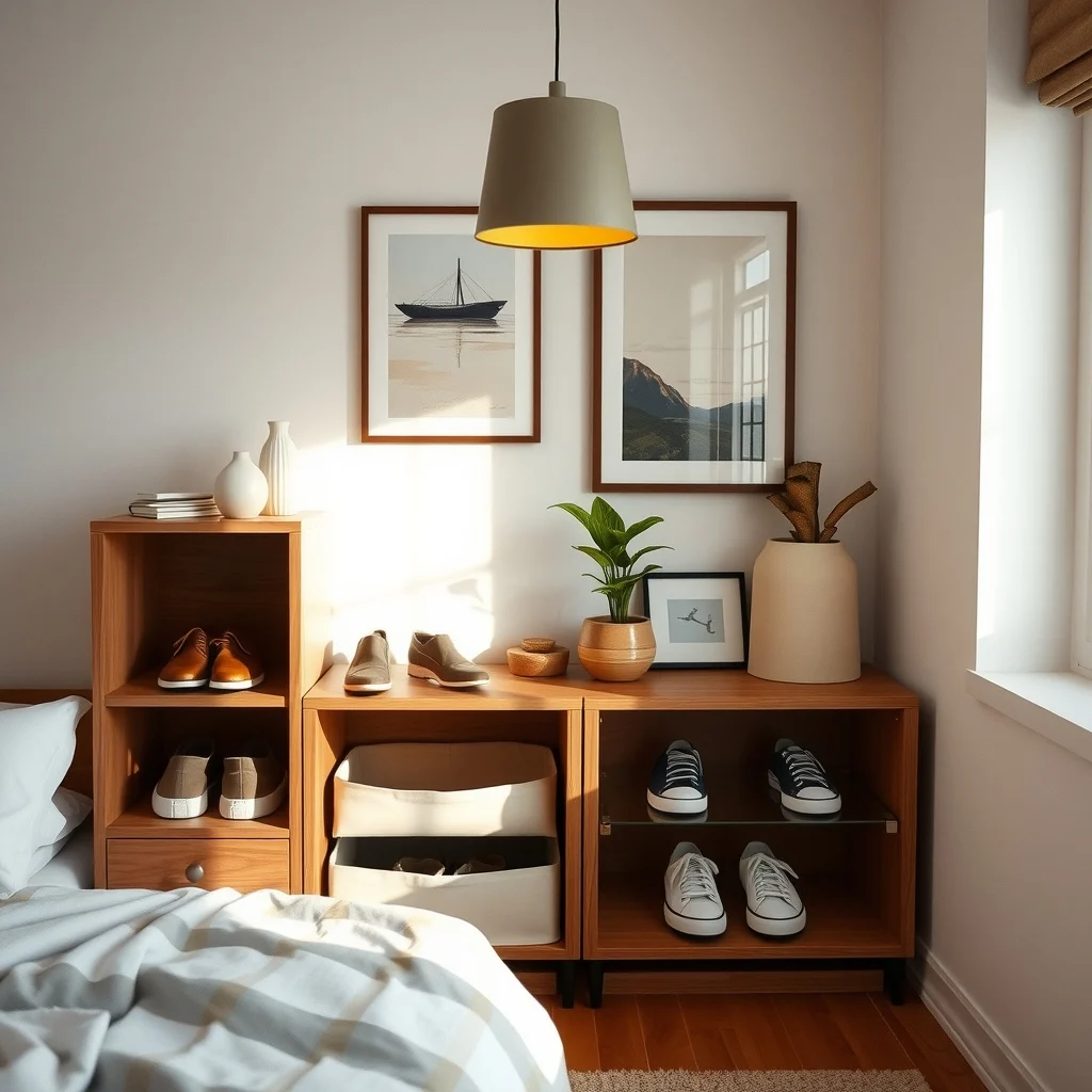 Cozy bedroom corner showcases open front walnut cubbies holding low profile flats a breathable canvas shoe box for leather loafers and clear acrylic trays for canvas sneakers illuminated by warm pendant glow