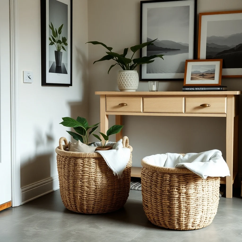 Cozy corner shows two medium rattan baskets on polished concrete floor beside the console each lined with linen holding