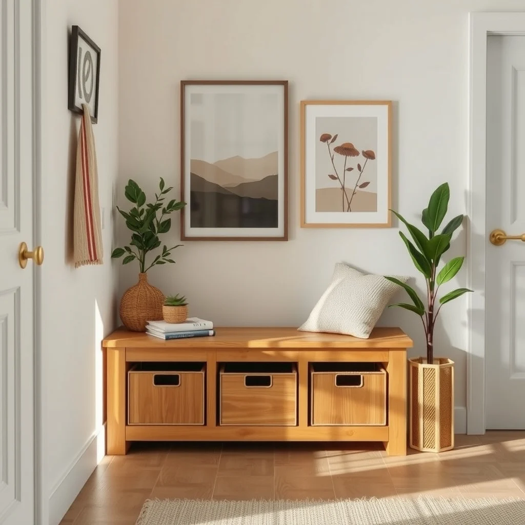 Cozy entry corner shows an oak low profile bench with built in storage bins polished natural finish topped by a woven linen cushion warm amber lighting highlights