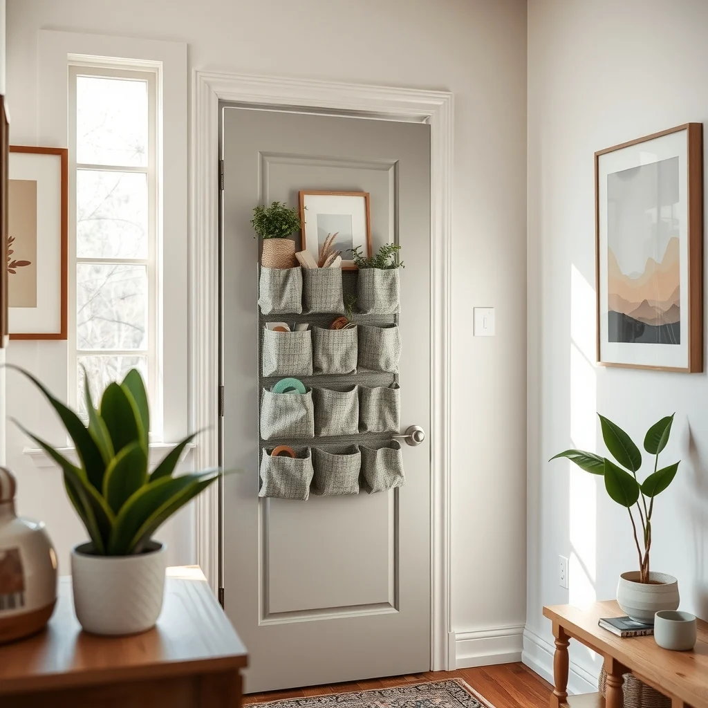 Cozy entryway over door woven fabric organizer in muted sage multiple front pockets natural daylight from adjacent window close up vignette focusing on texture and pocket arrangement