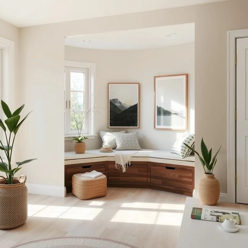 Cozy entryway window seat built into a narrow bay soft linen cushion in sage walnut frame hidden pull out drawers sunrise light delicate