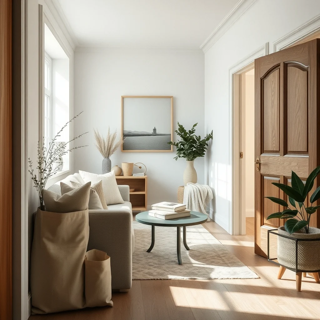 Cozy living room entry with linen fabric pocket organizer in warm greige dusty sage accents soft natural light from nearby window wooden door panel minimalist boho vibe gentle shadows