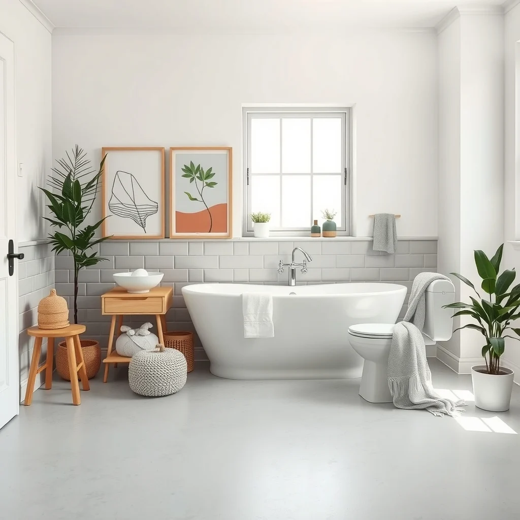 Cozy pastel bathroom light gray floor freestanding