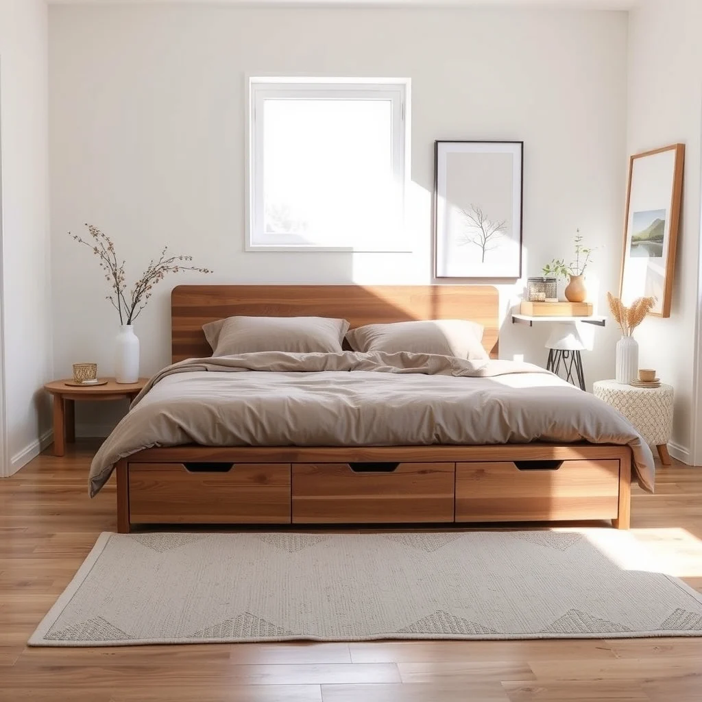 Cozy Scandinavian bedroom natural walnut platform bed with three shallow drawers soft linen duvet in muted taupe daylight filtering from