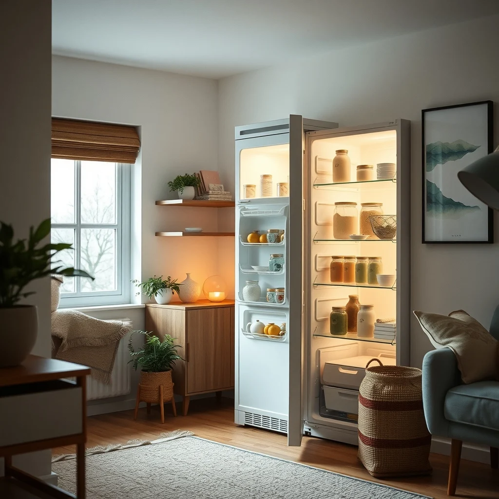 Diagonal shot of fridge door with custom polymer inserts light bamboo shelves holding glass milk bottles pastel fruit jars door illuminated by warm under shelf