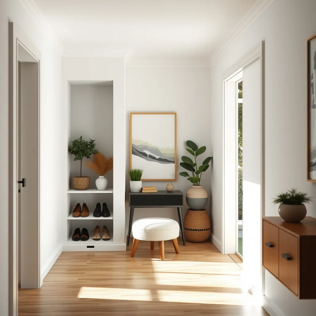 Elegant recessed nook four inch deep white alcove built in slim shoe rack of powder coated steel soft ambient wall wash perspective from hallway entrance highlighting clean lines