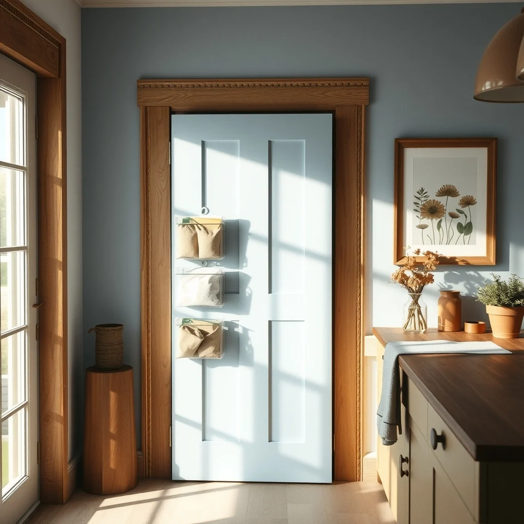 Farmhouse kitchen pantry door featuring a clear pocket over door organizer filled with rice and flour bags pastel blue walls reclaimed wood trim warm amber lighting casting gentle shadows on the door