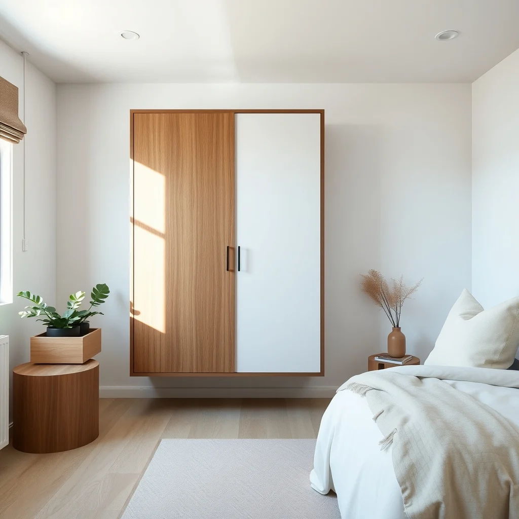 Floating low-profile wardrobe mounted on crisp white wall matte walnut finish a few inches above pale oak floor soft natural light from a nearby window casts gentle shadows emphasizing sleek lines