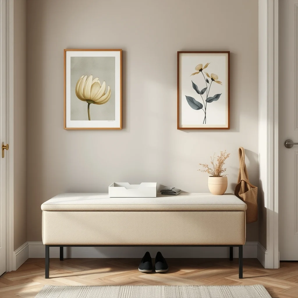 Greige low bench with soft upholstery defines a coat drop off zone beside it a sleek black shoe rack and a pastel mail tray all framed by a muted wall with abstract botanical print