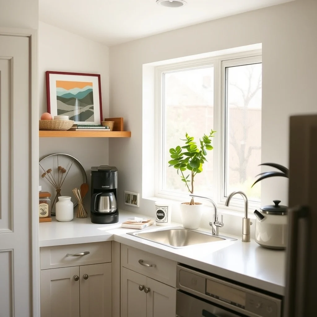 How to Create a Coffee Station on a Tiny Counter interior: 1. Choose a Compact Layout That Works With the Existing Flow - The first decision is how the station will sit in relation to the rest of the kitchen. Align the coffee gear along the edge that receives the most natural light; sunlight helps highlight the details