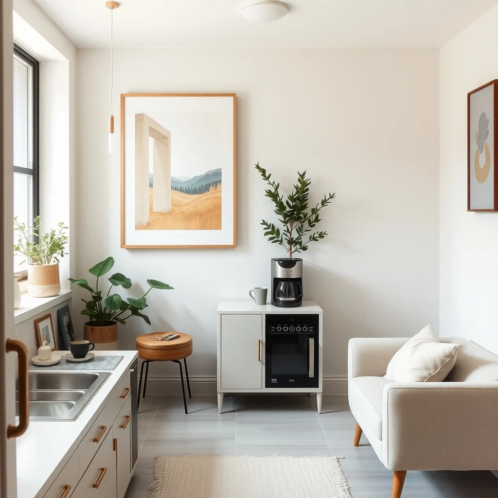 How to Create a Coffee Station on a Tiny Counter interior: 2. Select Materials That Hold Up to Moisture and Heat - Countertops in small kitchens often endure spills, steam, and occasional heat marks. Choosing surfaces that tolerate these conditions protects both the station and the rest of the kitchen. A matte ceramic tile in a soft