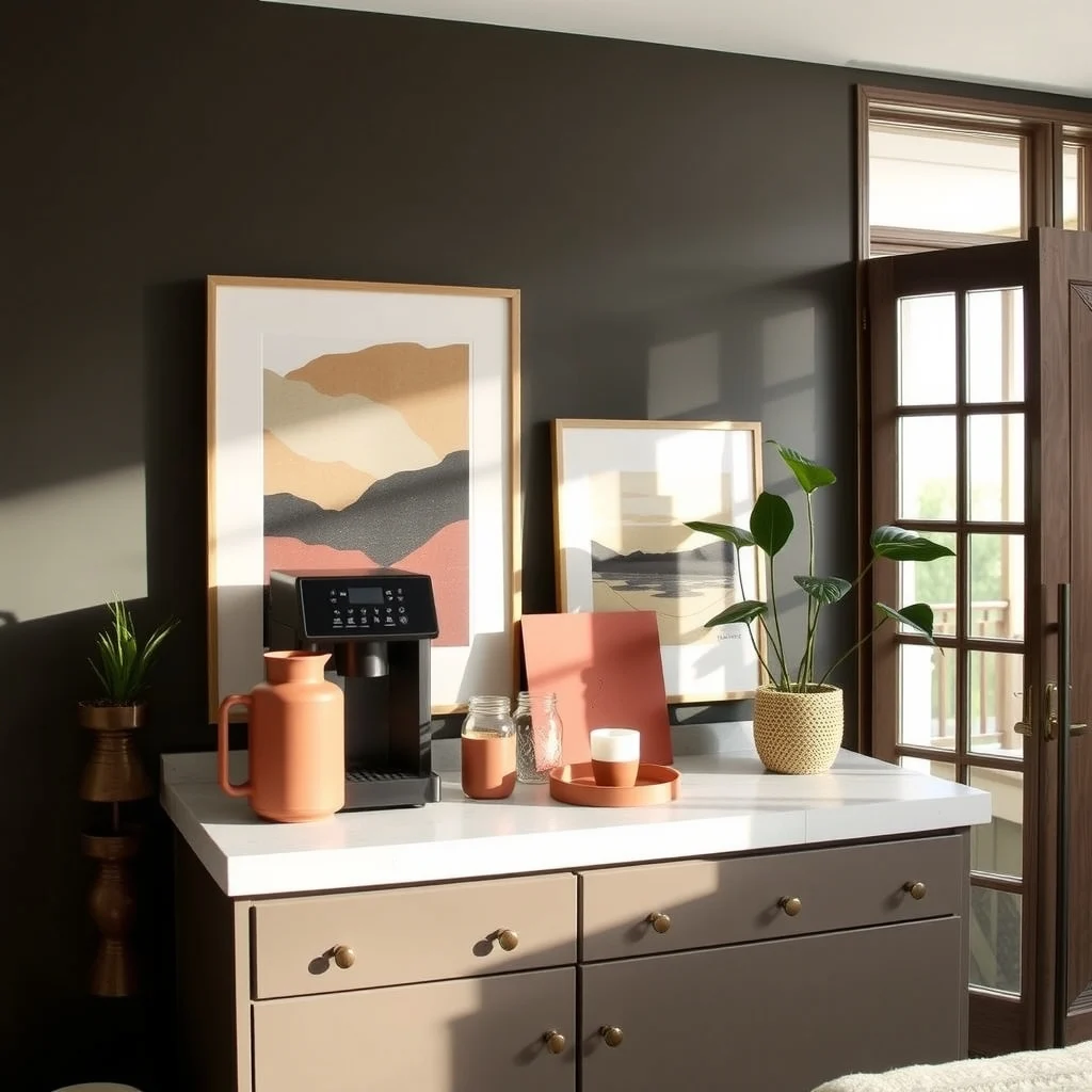 How to Create a Coffee Station on a Tiny Counter interior: 5. Keep the Aesthetic Cohesive With a Limited Color Palette - A unified color scheme prevents the coffee station from looking like a collection of random objects. Selecting two to three complementary hues—perhaps a deep charcoal for the machine, a muted terracotta for a small decorative