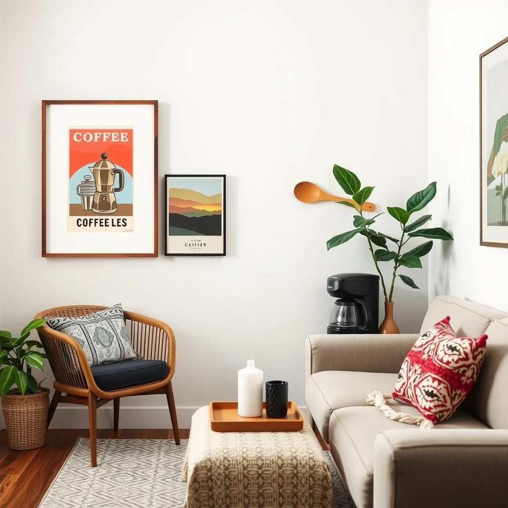 How to Create a Coffee Station on a Tiny Counter interior: 7. Add Personal Touches That Make the Space Yours - Even a tiny coffee station can reflect your personality. A small framed print of a vintage coffee advertisement adds a hint of nostalgia, while a handcrafted wooden spoon offers a tactile reminder of the brewing