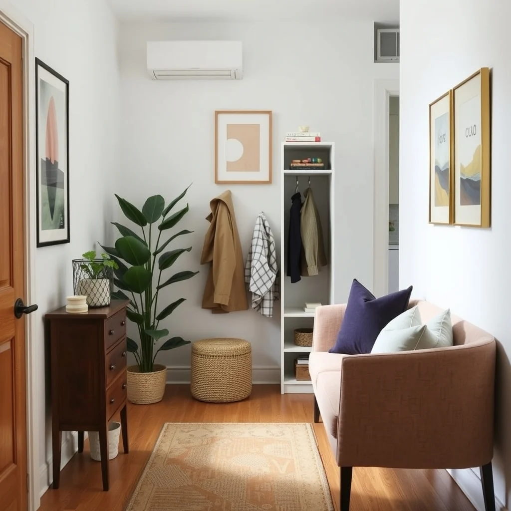 How to Create a Drop Zone in a Narrow Hallway interior: 3. Integrate Vertical Storage to Preserve Floor Space - Because floor area is at a premium, think upward. A narrow wall cabinet that extends only a few inches from the wall can hold umbrellas, a small shoe rack, or a set of reusable grocery