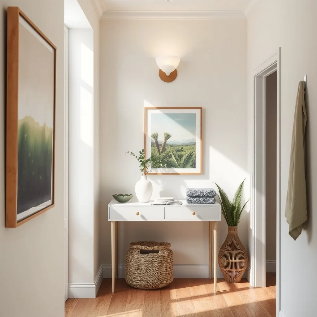 How to Create a Drop Zone in a Narrow Hallway interior: 5. Add Subtle Lighting That Highlights the Drop Zone - Even the most thoughtfully arranged hallway can feel dim if lighting is overlooked. A narrow wall sconce positioned directly above the surface provides focused illumination without creating glare. Choose a fixture with a frosted glass