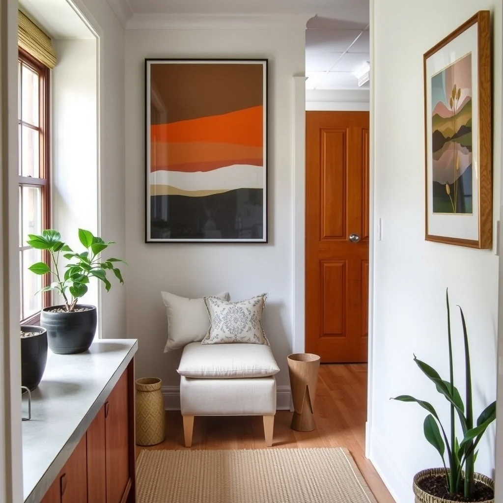 How to Create a Drop Zone in a Narrow Hallway interior: 6. Incorporate a Seating Nook Without Blocking Passage - A narrow hallway can still accommodate a small bench or a slim upholstered stool, offering a place to sit while putting on shoes or waiting for a member. Select a piece no deeper than