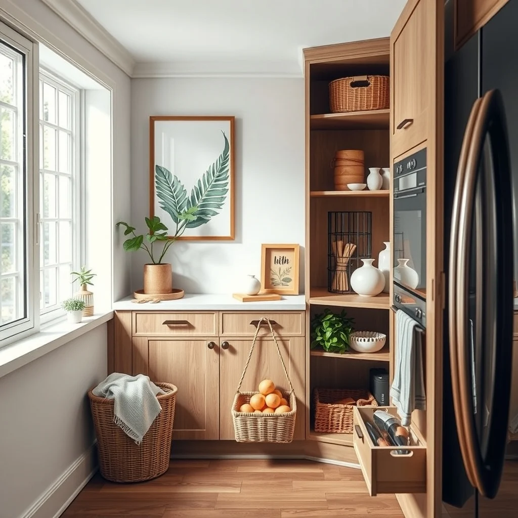 How to Create a Pantry in One Kitchen Cabinet interior: 4. Add pull‑out baskets for produce and loose items - Not everything belongs in a rigid container. Fresh produce such as carrots, onions, or potatoes thrives in a breathable environment, and a shallow pull‑out basket made of woven wicker or coated metal provides just that.