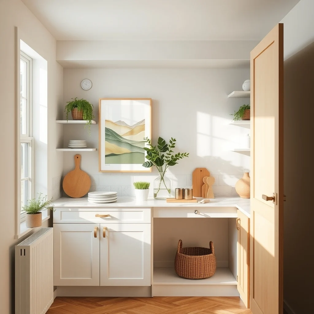 How to Create a Pantry in One Kitchen Cabinet interior: 6. Create a decorative interior backsplash - Most cabinets have plain interiors, but a small decorative element can make the pantry feel like a finished space. A sheet of peel‑and‑stick tile in a subtle pattern—such as a matte limestone or a muted