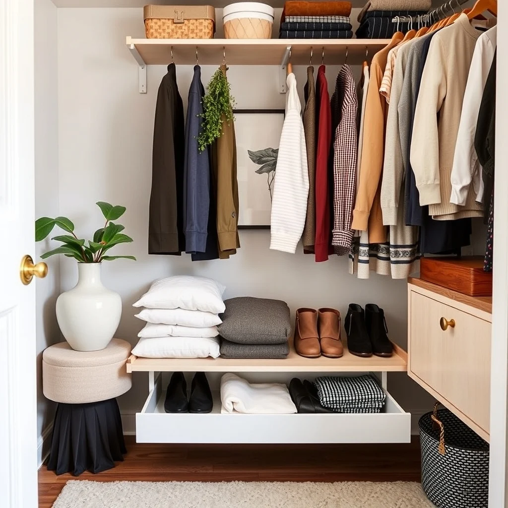 How to Create a Seasonal Clothing Zone in a Tiny Closet: 4. Add a Pull‑Out Shelf for Folded Layers - A shallow pull‑out shelf, sometimes called a drawer shelf, slides out from the bottom of the closet and creates a dedicated area for folded sweaters, leggings, or lightweight jackets. Because the shelf is hidden when