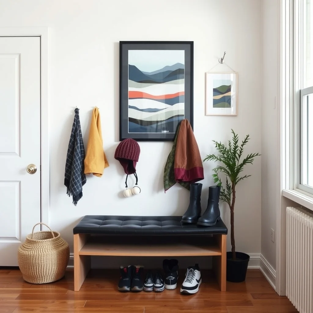 How to Create a Winter Gear Station in a Small Apartment: 3. Choose a Bench With Hidden Storage - A bench placed directly beneath the hooks provides a place to sit while you pull on boots, and its interior can store bulkier items such as beanies, earmuffs, or a spare pair of insulated gloves.