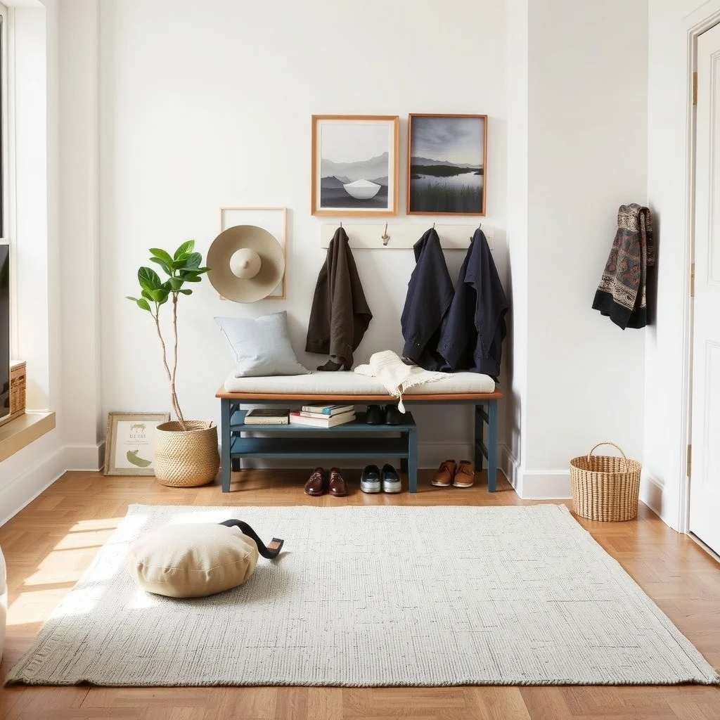 How to Create a Winter Gear Station in a Small Apartment: 5. Use a Rug That Ties the Area Together - A rug anchored under the bench and hooks defines the gear station without erecting walls. Choose a low‑pile rug in a neutral shade—soft greige or muted slate—so it doesn’t compete with the textures of winter