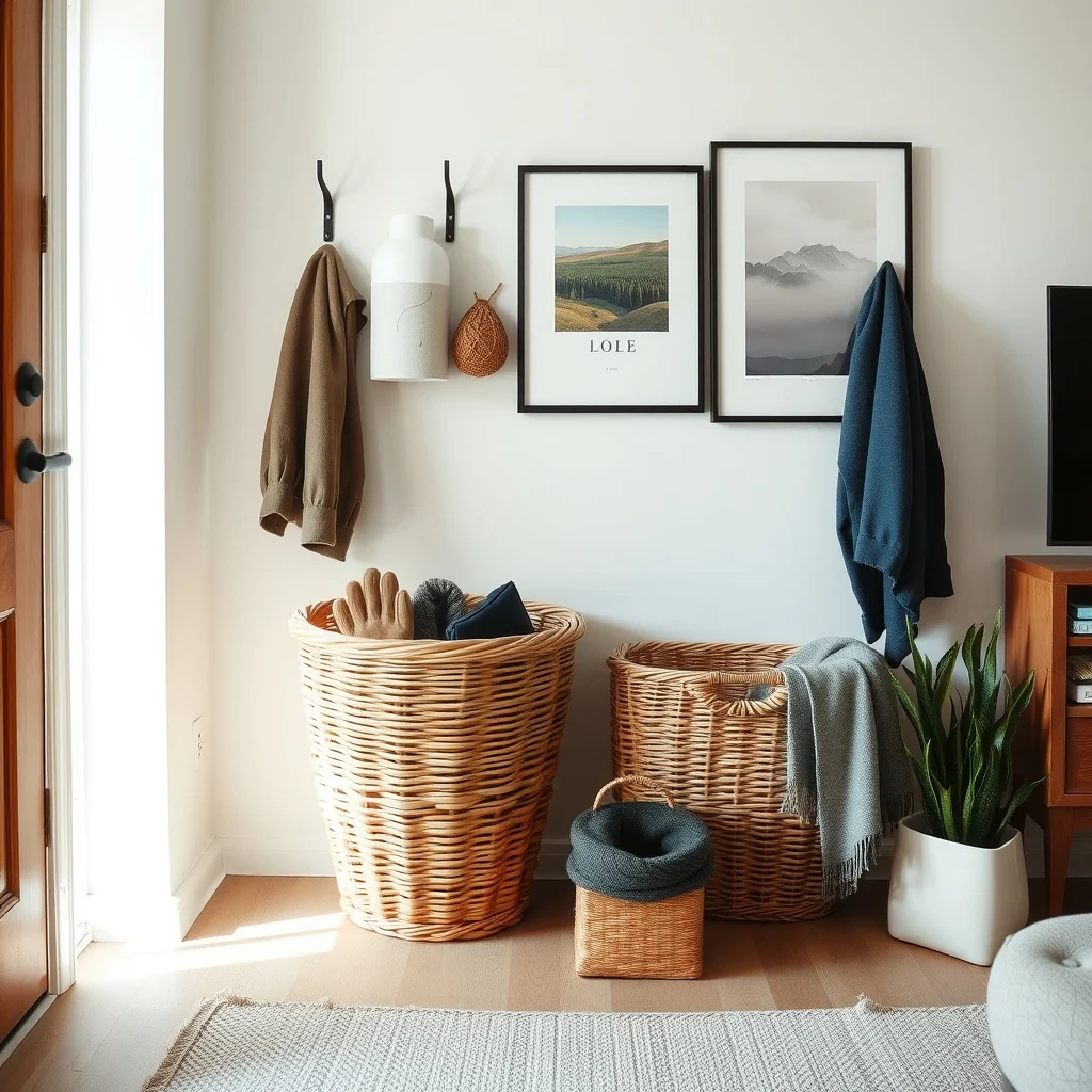 How to Create a Winter Gear Station in a Small Apartment: 7. Keep Seasonal Items in Attractive Baskets - Even with hooks and shelves, a few items benefit from being stored out of sight. A pair of wicker baskets—one for extra gloves, another for a spare scarf—adds texture while containing loose pieces. The baskets