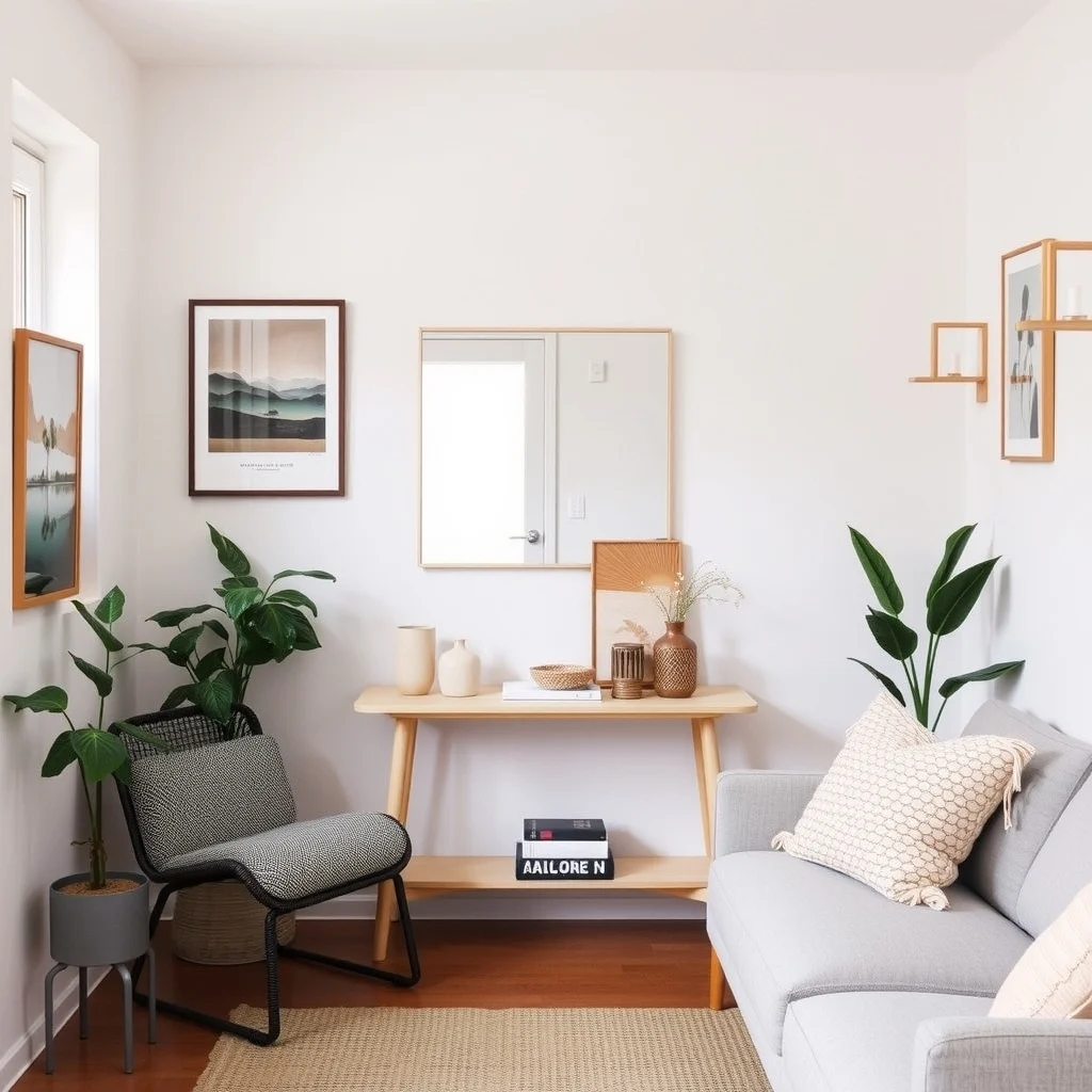 How to Create an Entryway When Your Apartment Has None interior: 5. Incorporate a Mirror for Light and Perception - Mirrors are a classic trick for making a cramped area feel larger and brighter. Hang a rectangular mirror, roughly 24 by 36 inches, on the wall opposite the door or above the console. The reflective surface bounces natural