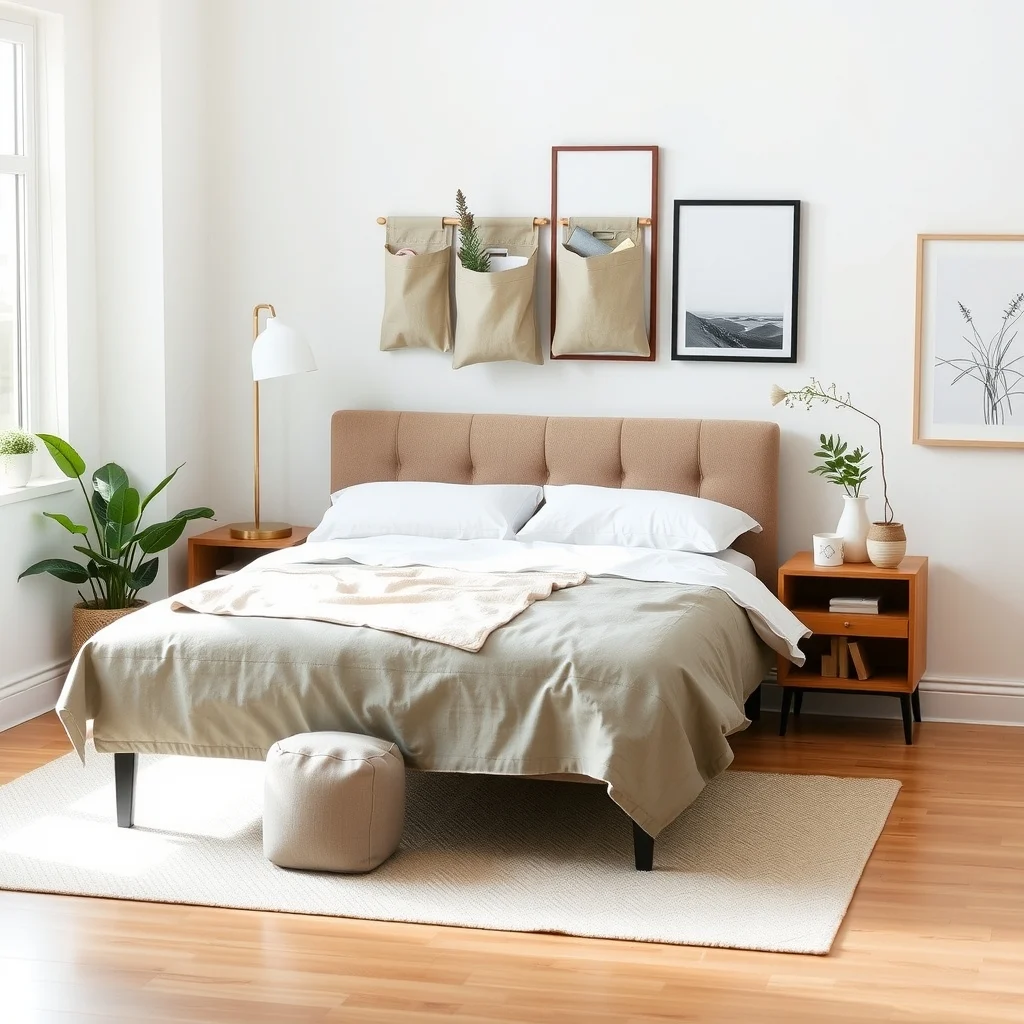 How to Create More Storage Around a Small Bed: 6. Incorporate a hanging organizer on the back of the headboard - Many headboards include a small ledge or can be fitted with a set of fabric pockets that hang from the top. Selecting an organizer in a neutral tone such as soft taupe lets it blend