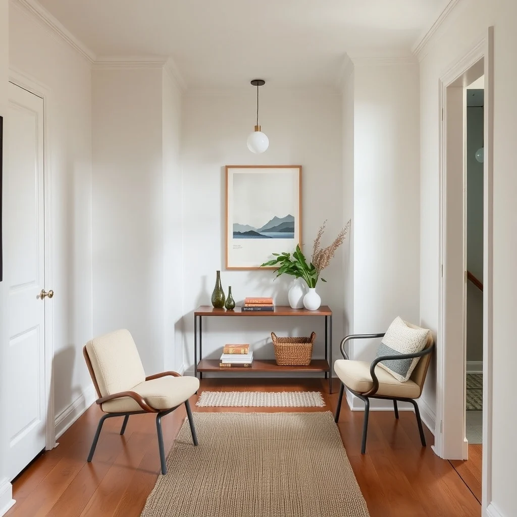 How to Make a Functional Entryway Beside a Narrow Door interior: 6. Add a Narrow Console for Daily Essentials - A console table that stretches the length of the entryway, rather than its width, provides a linear surface for mail, a decorative bowl, or a small plant. Opt for a table with a slim metal