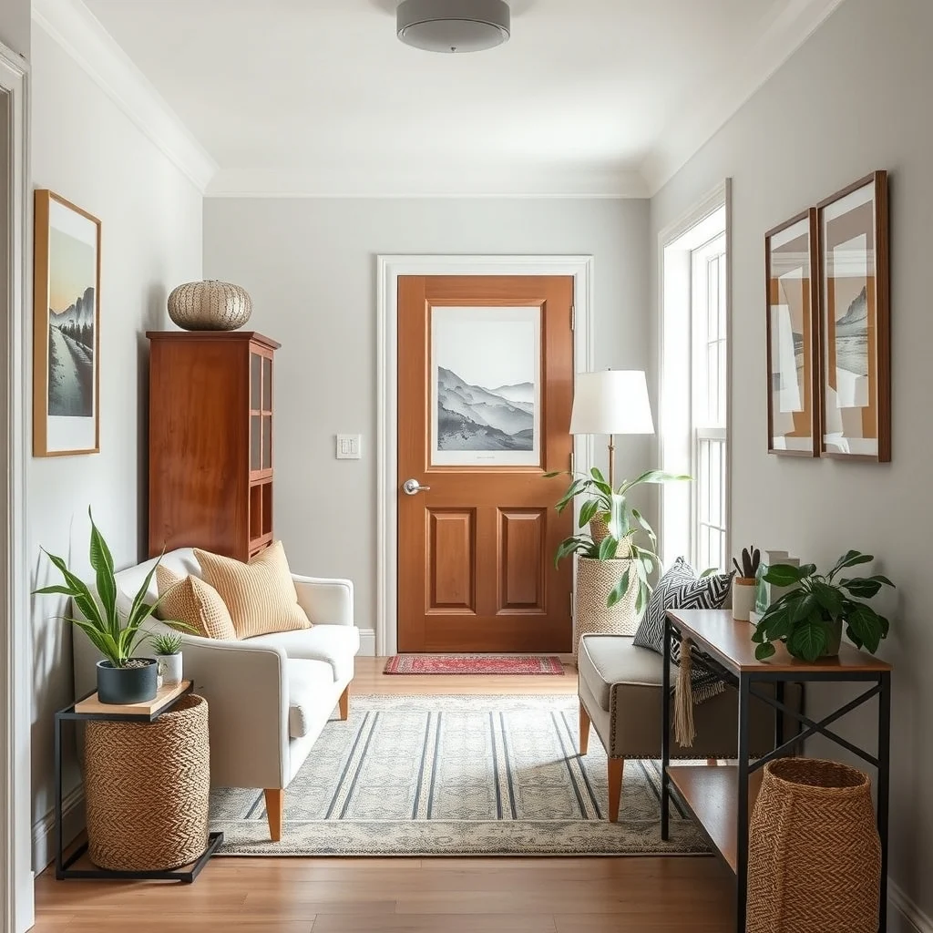 How to Make a Functional Entryway Beside a Narrow Door interior: 7. Use a Cohesive Color Palette to Tie Elements Together - When every inch of a narrow entryway matters, color becomes a unifying force. Selecting a palette that repeats across walls, furniture, and accessories creates continuity that visually stretches the space. For instance, a base of