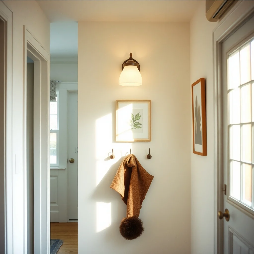 How to Make a Winter Coat Drop Zone in a Narrow Hallway interior: 5. Incorporate Soft Lighting for Evening Arrivals - A wall sconce with a frosted glass shade provides a gentle glow that highlights the coat rack without creating harsh shadows. Choose a fixture that draws power from an existing outlet, or opt for a