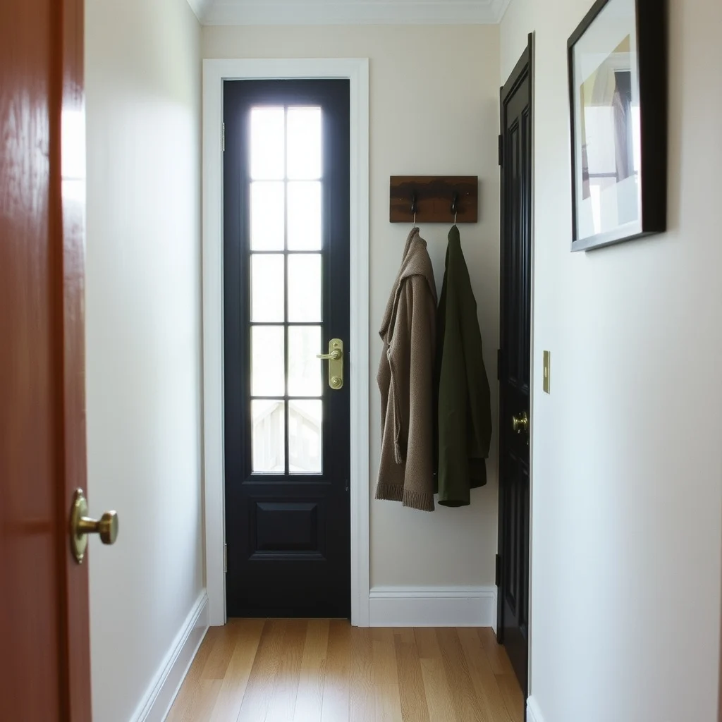 How to Make a Winter Coat Drop Zone in a Narrow Hallway interior: 6. Add a Small Mirror to Check Appearances - A narrow, vertical mirror gives a quick final glance before stepping out. Frames in reclaimed wood, brushed metal, or simple black lacquer complement the other finishes in the hallway and can reflect natural light from