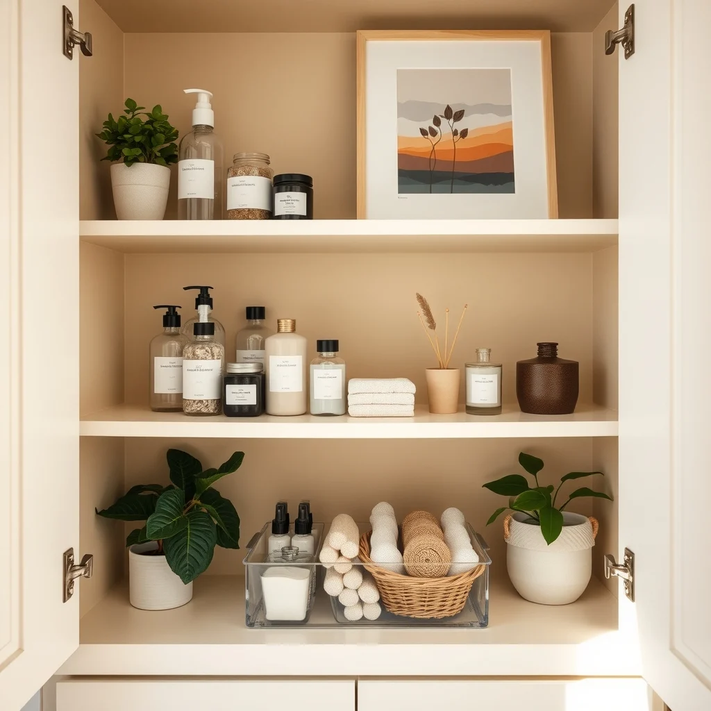 How to Organize a Bathroom Cabinet With Tall Bottles interior: 4. Use clear containers or simple labels for smaller items - Even with tall bottles sorted, the lower portion of the cabinet can become a jumble of travel‑size tubes, cotton pads, and spare toothbrushes. Placing these items in a clear acrylic box or a shallow basket