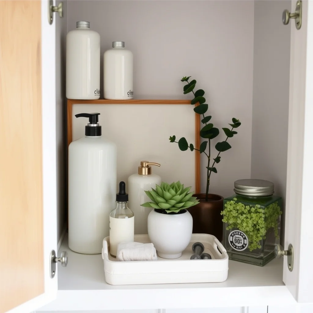 How to Organize a Bathroom Cabinet With Tall Bottles interior: 6. Add a decorative liner or tray to protect surfaces - Cabinet interiors are prone to moisture, soap residue, and occasional spills. Lining the bottom of the cabinet with a washable fabric liner—think a cotton or linen mat in a muted hue—provides a soft barrier that