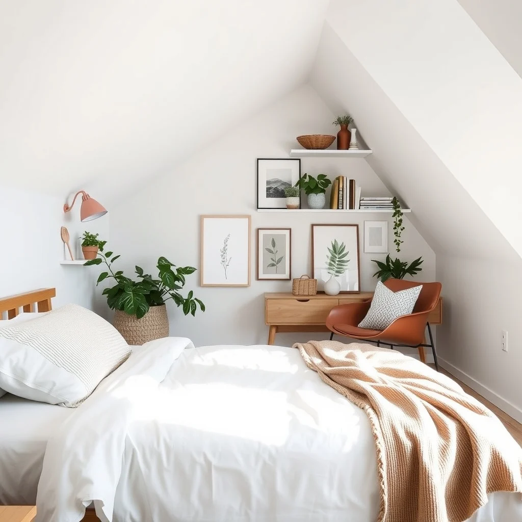 How to Organize a Bedroom With Sloped Ceilings: 3. Build Custom Shelving That Follows the Slope - One of the most efficient ways to use the angled wall is to install shelving that mirrors its line. A series of shallow, horizontal shelves anchored directly to the sloping surface can hold books, decorative