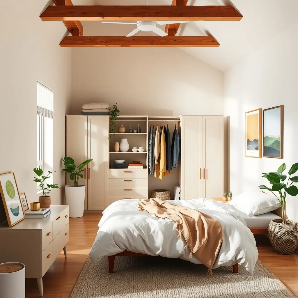 How to Organize a Bedroom With Sloped Ceilings: 4. Exploit Vertical Space on the Tall Wall for Hanging Storage - The side of the room where the ceiling is highest offers a natural vertical runway. Installing a tall wardrobe or a series of hanging rods at varying heights lets you store coats, dresses, and accessories
