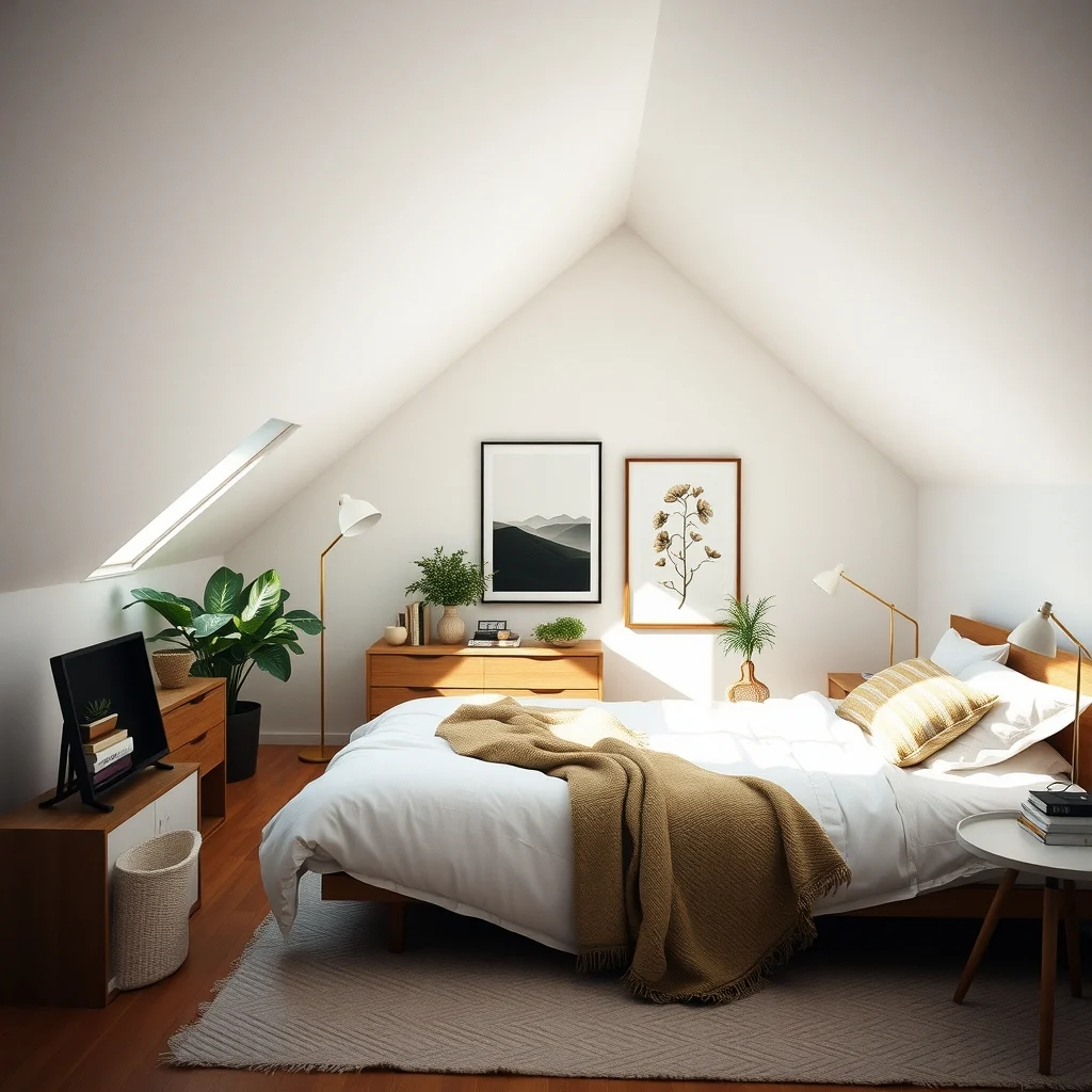 How to Organize a Bedroom With Sloped Ceilings: 5. Light the Slope Thoughtfully to Avoid Shadows - Because the roof angle directs natural light toward one side, artificial lighting must be balanced to prevent dark corners. A recessed light strip that follows the curve of the ceiling supplies even illumination without protruding