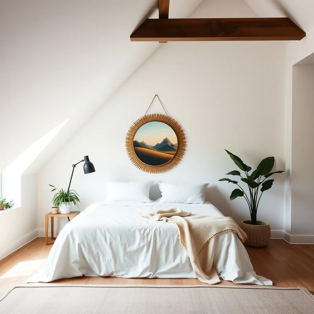How to Organize a Bedroom With Sloped Ceilings: 6. Create a Focal Point That Works With the Angle - Instead of fighting the slope, let it become part of the room’s centerpiece. A large piece of art or a decorative mirror installed on the wall just below the peak draws the eye upward and