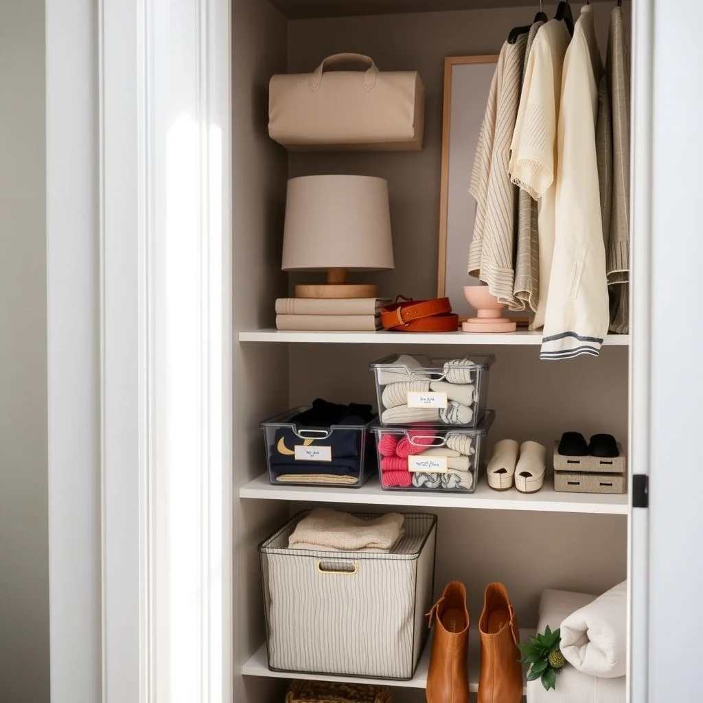 How to Organize a Shared Bedroom Closet Efficiently: 3. Use Clear Bins with Labeled Inserts for Small Items - Accessories such as scarves, belts, and socks disappear quickly in a shared space, so transparent storage containers placed on the lower shelves become a visual cue for what belongs where. Adding a thin cardstock label