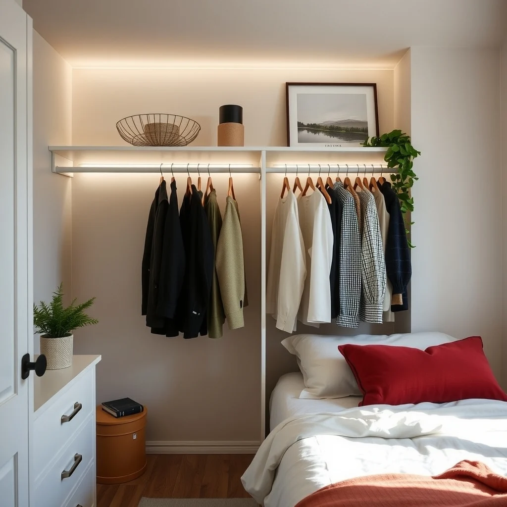 How to Organize a Shared Bedroom Closet Efficiently: 5. Incorporate a Lighted Shelf to Highlight Frequently Used Pieces - Soft LED strips installed beneath the upper shelf cast a gentle glow that makes it easy to spot a favorite blazer after the lights go out. The diffused light also reduces shadows when you’re pulling