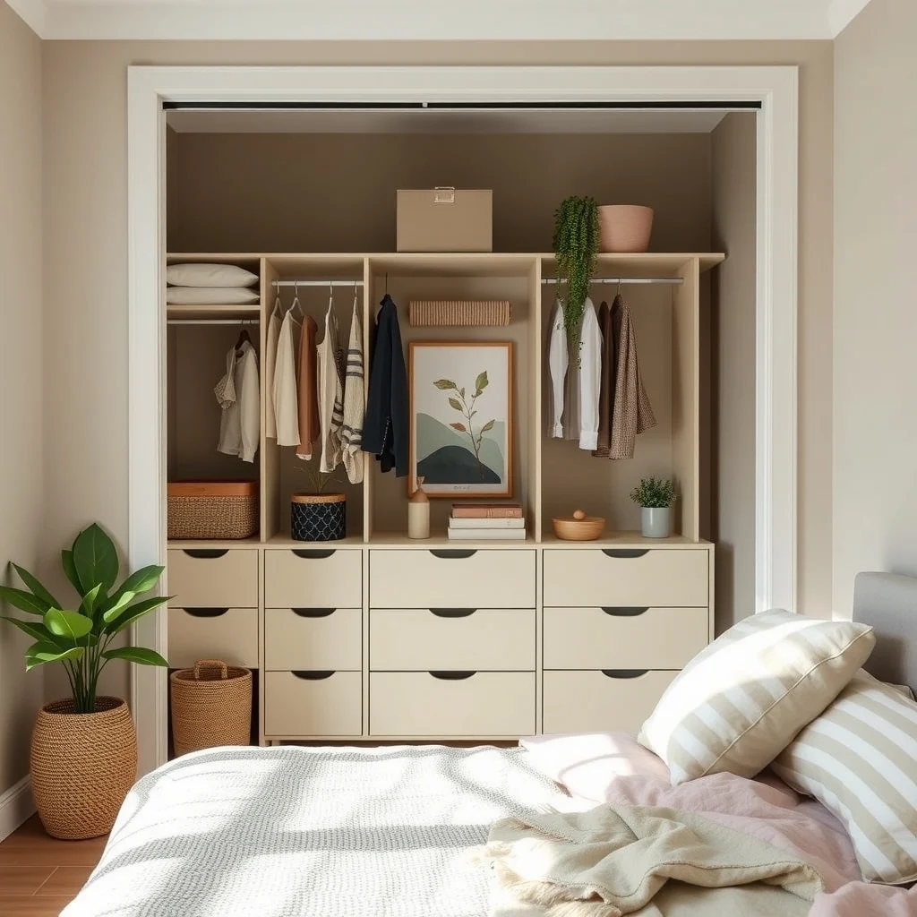 How to Organize a Shared Bedroom Closet Efficiently: 6. Choose a Cohesive Color Palette for Closet Interiors - Painting the interior walls of the closet in a light, neutral shade such as soft greige creates an airy feel that makes the space appear larger. Complementary storage accessories in the same tone reinforce a