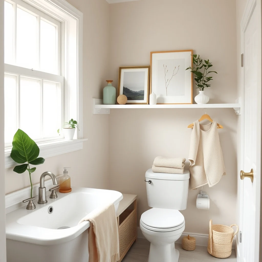 How to Organize a Tiny Bathroom With One Shelf interior: 5. Blend the Shelf with the Bathroom Palette - Color coordination helps the shelf feel like an integrated part of the design rather than an afterthought. If the walls are painted in a soft greige, a shelf finished in matte white will recede, allowing