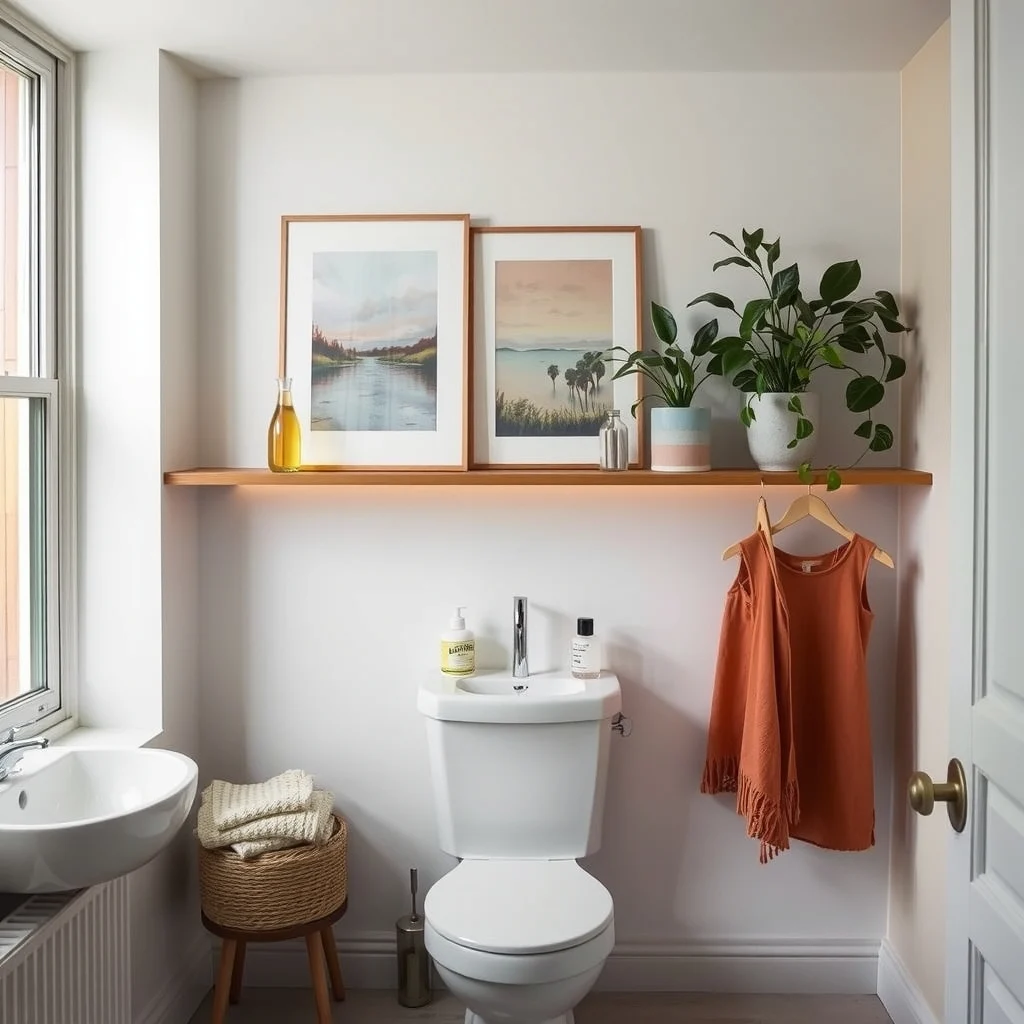 How to Organize a Tiny Bathroom With One Shelf interior: 6. Add Light and Mirror Elements to the Shelf - Lighting can transform a simple shelf into a functional showcase. A thin LED strip adhered to the underside of the shelf provides a soft wash of illumination that highlights the items placed on top and