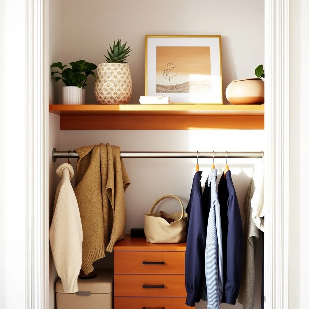 How to Organize a Tiny Closet With Double-Hanging Space: 4. Add a Shallow Shelf or Cubby Above the Upper Rod - A narrow shelf—about six inches deep—installed just above the upper rod offers a discreet landing spot for accessories, folded sweaters, or a small basket of scarves. Choosing a shelf finished in the same wood tone