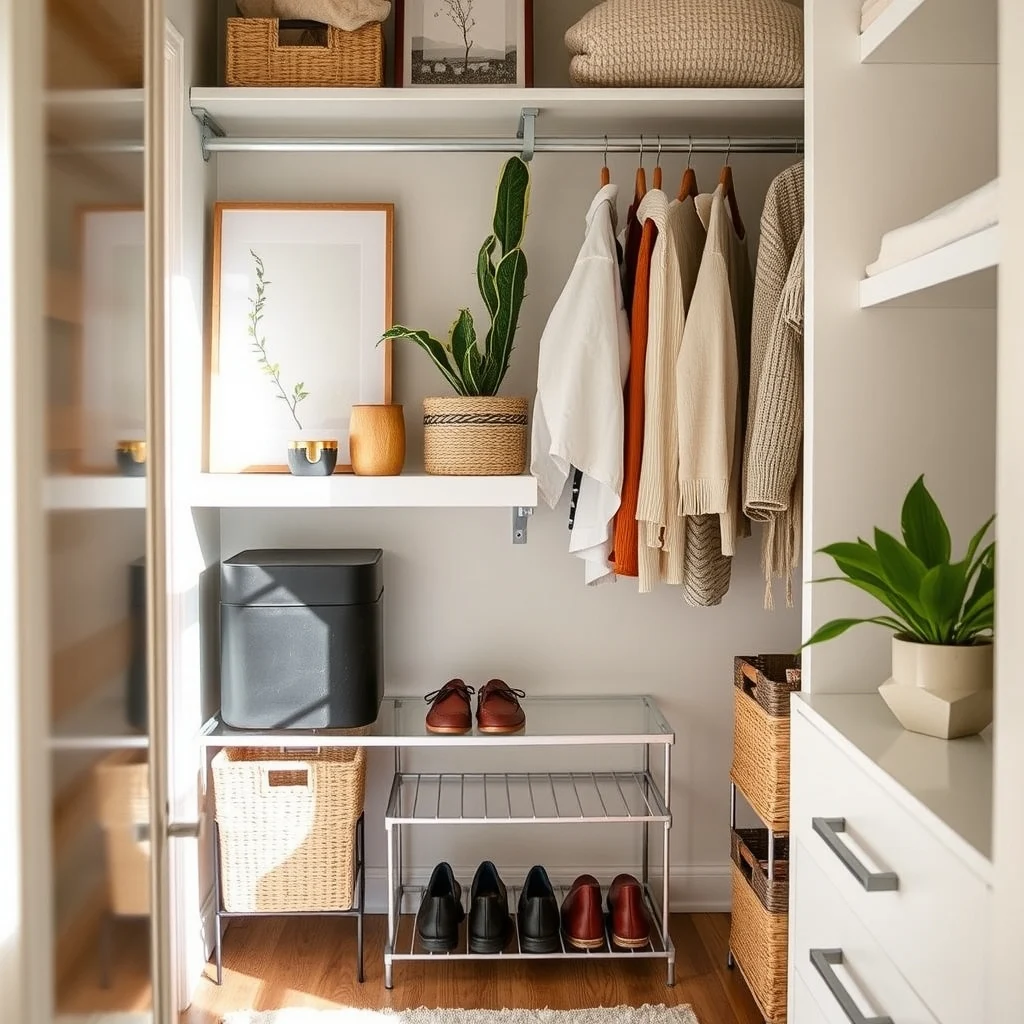 How to Organize a Tiny Closet With Double-Hanging Space: 6. Maximize Floor Space with Slim Shoe Organizers and Baskets - Even a narrow closet floor can serve a purpose when you choose low‑profile shoe racks made of brushed aluminum or bamboo. A single‑tier rack that holds three pairs side‑by‑side keeps shoes upright and visible, preventing