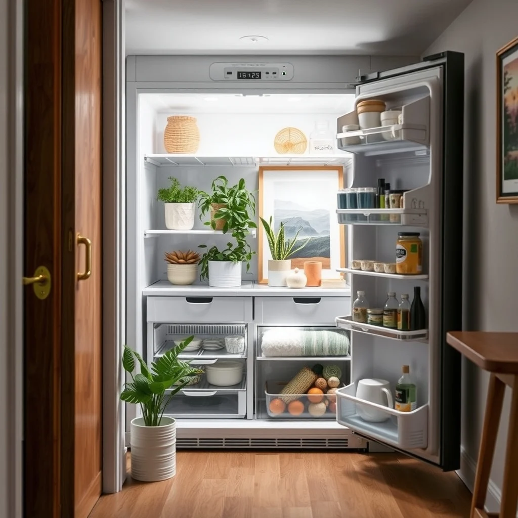 How to Organize a Tiny Fridge for More Usable Space interior: 7. Keep the exterior tidy and consider lighting upgrades - A tidy exterior contributes to the perception of interior order. Wipe the door’s surface regularly with a soft cloth and a gentle to prevent fingerprints from obscuring the view of your organized interior. If