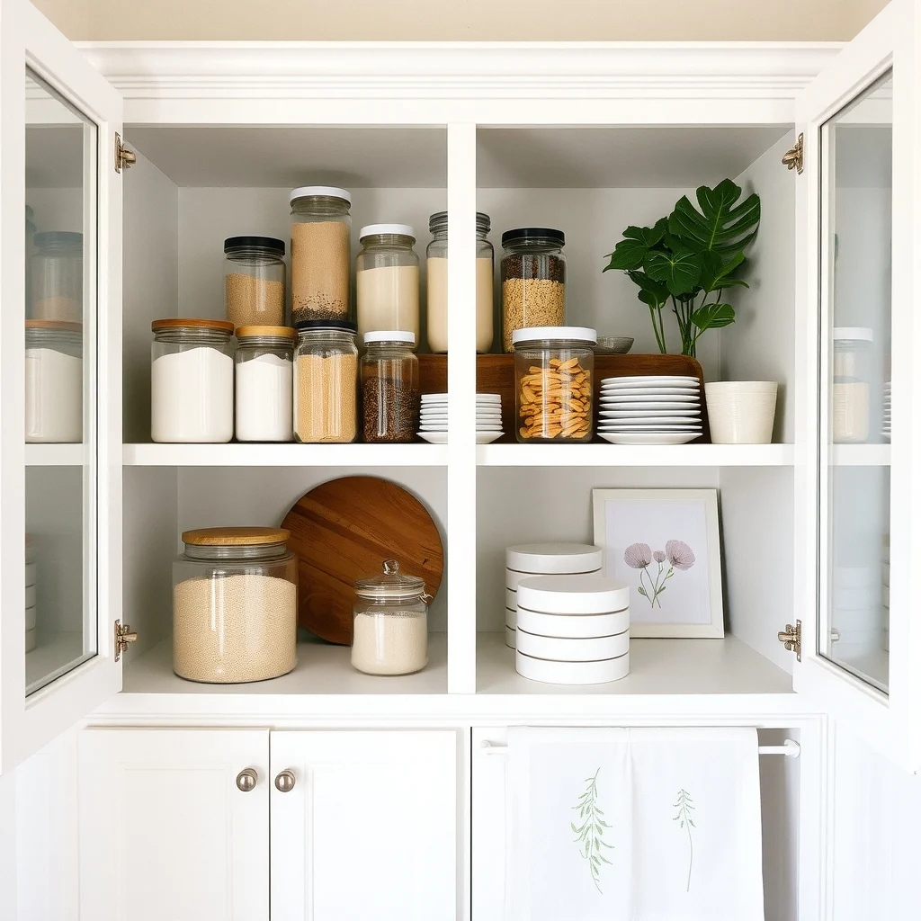 How to Organize Baking Supplies in One Small Cabinet interior: 2. Use Uniform Containers for Dry Ingredients - Mismatched tins and paper bags are the visual culprits behind a cluttered cabinet. Investing in a set of clear, airtight jars with matching lids creates a cohesive look and makes it easier to locate what